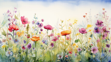 a painting of meadow and flowers in spring watercolor style