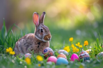 Fototapeta na wymiar Happy Easter Eggs Basket character. Bunny in flower easter pollen decoration Garden. Cute hare 3d rose sugar easter rabbit spring illustration. Holy week plush toy card wallpaper joy
