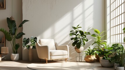 Fototapeta na wymiar Modern simple interior living room with armchair and many plants