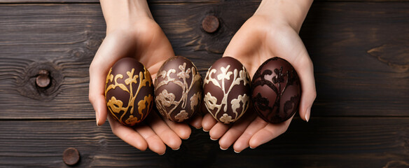 top view of hands holding three easter eggs