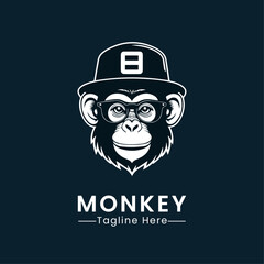 Monkey head with hat and glasses logo mascot vector design illustration