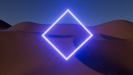Fototapeta premium 3d illustration neon glowing square in the desert at night