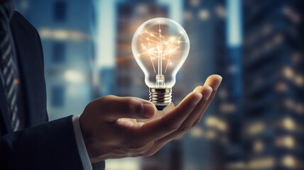 Hand holding light bulb on technology background