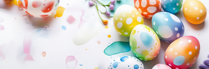 A collection of vibrant watercolor Easter eggs displayed against a pristine white backdrop, showcasing creative arts and aqua hues. Copy space banner with a place for text on the left