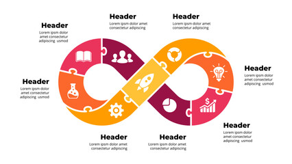 Puzzle Infinity symbol infographic. Success concept chart. Startup business cycle icons. Clear modern graphic design. Cycle diagram 8 9 steps. Curve line shape. Creative presentation template