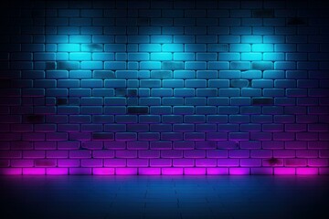 Vivid Neon blue red brick wall big lights. Glowing night space interior electric. Generate AI