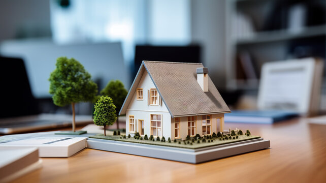 model of a small living house on a table in a real estate agency office