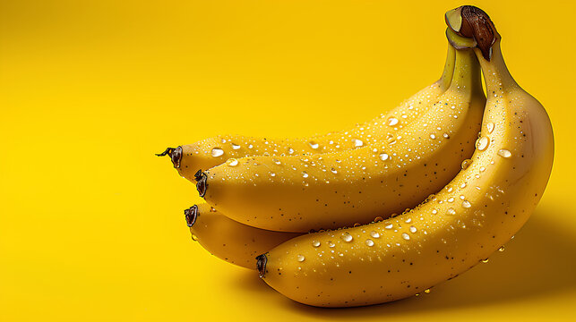 A bunch of ripe bananas glistening with drops of water, placed on a vibrant yellow background