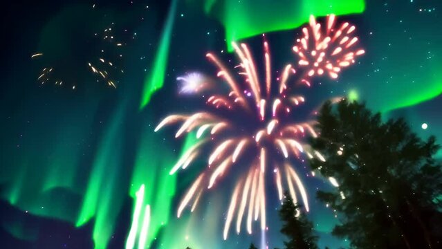 Aurora Borealis and Fireworks Display - awe-inspiring as man-made lights intertwine with one of nature&rsquo;s most beautiful phenomena.