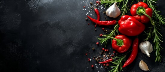 A vibrant composition of red peppers, garlic, rosemary, and spices on a black background. This artful arrangement showcases the natural beauty of these ingredients used in cooking.