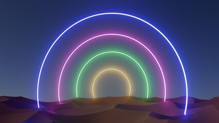 3d illustration colorful round neon portal at night in the desert