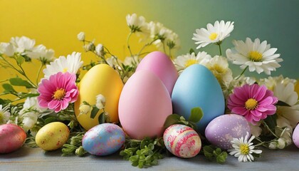 Happy Easter composition, colorful eggs among spring flowers on pastel yellow-blue background
