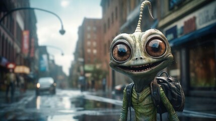Friendly smiling cute green alien in the city street. Strangers among us.