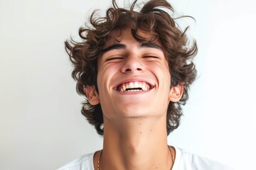 Young Brazilian man isolated on white background laughing, realistic, HD, copy space - generative ai