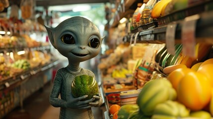 The smiling green alien in the grocery store chooses healthy vegetables. Strangers among us.