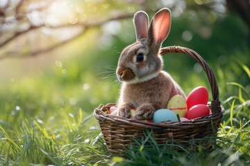 Fototapeta na wymiar Happy Easter Eggs Basket Orange Crush. Bunny in flower easter playful decoration Garden. Cute hare 3d Cheer easter rabbit spring illustration. Holy week family card card wallpaper VFX