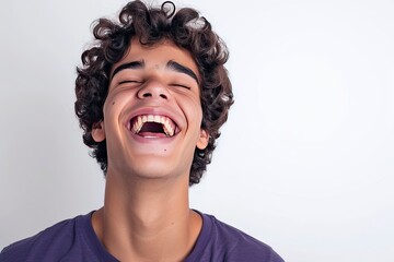 Young Brazilian man isolated on white background laughing, realistic, HD, copy space - generative ai
