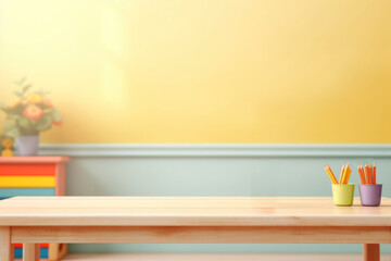 Stylish children's room interior with table, toys and new furniture background