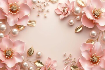3D Pink Gold Flowers and Pearls isolated on pink background with Space for Text.