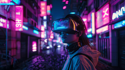 Fototapeta na wymiar Beautiful women wearing Virtual Reality Headset in a Cyberpunk futuristic neon-lit China town street.Exploring virtual reality metaverse.Playing VR Online game.