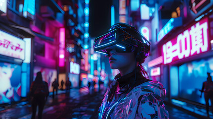 Beautiful women wearing Virtual Reality Headset in a Cyberpunk futuristic neon-lit China town street.Exploring virtual reality metaverse.Playing VR Online game.