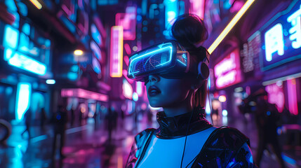 Fototapeta na wymiar Beautiful women wearing Virtual Reality Headset in a Cyberpunk futuristic neon-lit China town street.Exploring virtual reality metaverse.Playing VR Online game.