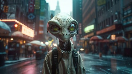 Spooky creepy green alien in human clothes on a city street. The invader spy stranger among us.