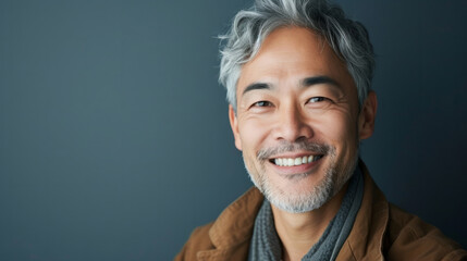 Portrait close up shot of middle aged asian male with short hair smiling in front of grey background. Portrait of a Middle Aged Asian Man Headshot. - obrazy, fototapety, plakaty