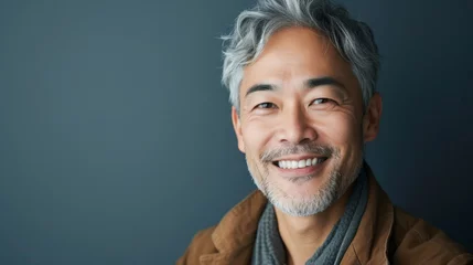 Foto op Canvas Portrait close up shot of middle aged asian male with short hair smiling in front of grey background. Portrait of a Middle Aged Asian Man Headshot. © Nataliia_Trushchenko