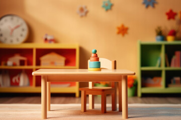 Stylish children's room interior with table, toys and new furniture background