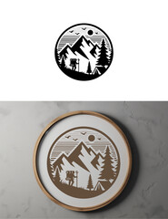Black People Mountain Hiking Badge in Circle White Signboard. adventure badge design. Mountains labels. Mountain Stamp. Mountaineering, climbing, hiking vector illustration. 