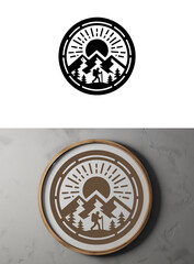 Black Three Mountain Badge in Circle White Signboard. adventure badge design. Mountains labels. Mountain Stamp. Mountaineering, climbing, hiking vector illustration. 