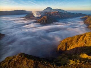 Aerial drone view of Bromo active volcano at sunrise,Tengger Semeru national park, East Java, Indonesia - 732373934
