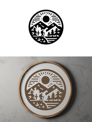 Black People Hiking Badge in Circle White Signboard. adventure badge design. Mountains labels. Mountain Stamp. Mountaineering, climbing, hiking vector illustration. 