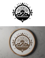 Black Adventure Badge in Circle White Signboard. adventure badge design. Mountains labels. Mountain Stamp. Mountaineering, climbing, hiking vector illustration. 