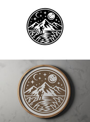 Black People Hiking Badge in Circle White Signboard. adventure badge design. Mountains labels. Mountain Stamp. Mountaineering, climbing, hiking vector illustration. 