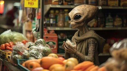 The smiling green alien in the grocery store chooses healthy vegetables. Strangers among us.