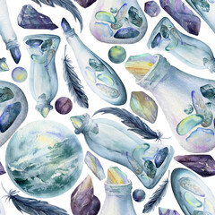 Hand drawn watercolor illustration sea witch altar objects. Glass vial bottle precious stones feathers beads. Seamless pattern isolated on white background. Design print, shop, magic, packaging, paper