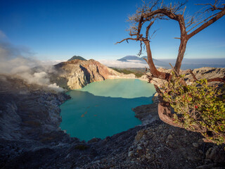 Aerial view of mount Kawah Ijen volcano crater at sunrise, East Java, Indonesia - 732374187