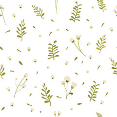 Botanical seamless pattern hand drawn. White background with delicate flowers and leaves. Minimalist style. Blooming cotton. Vector illustration.