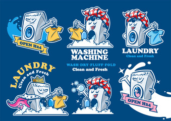 cartoon laundry business washing machine mascot logos set - 732374758
