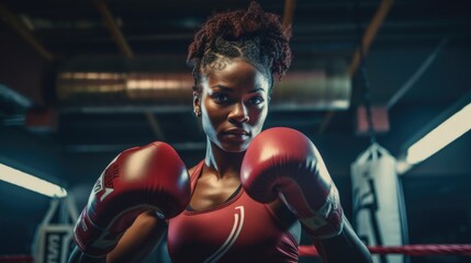 Fototapeta na wymiar African American Woman Wearing Boxing Gloves in a Boxing Ring. Generative AI.