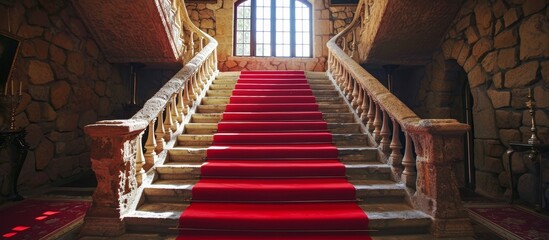 The castle staircase is adorned with a red carpet, complementing the overall symmetry and elegance...