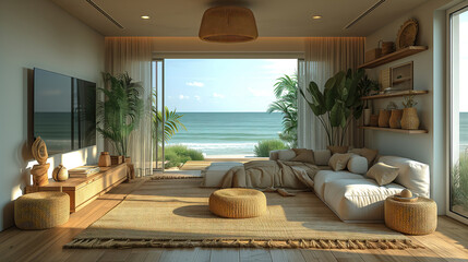 A cozy living room in a beachfront building with a couch, television, and ocean view, featuring hardwood flooring and a plant-filled landscape.