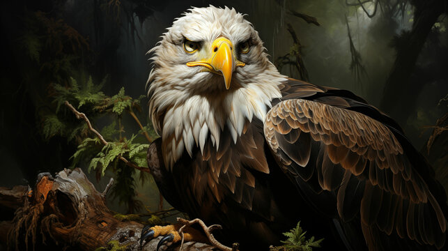 A Painting of an Eagle Sitting on a Tree Branch. Generative AI.