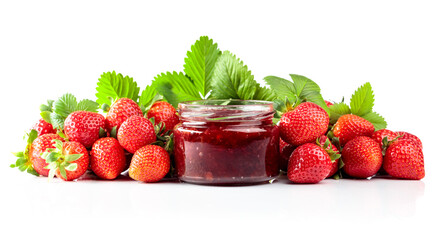 Strawberry jam and fresh berries are isolated on a white background.
