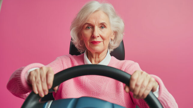 Photo portrait of lovely senior lady hold steering wheel driving lesson wear trendy garment isolated on pink color background. Senior women driver