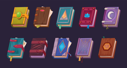 magic books. fantasy potion mystery game asset cartoon concept, fairytale ancient mystic medieval books collection. vector cartoon items set. - obrazy, fototapety, plakaty