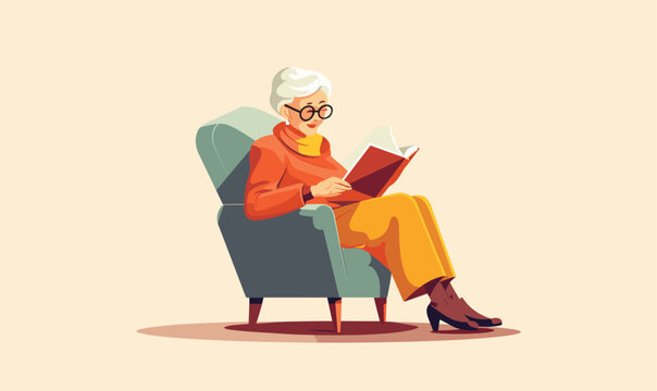 Grandmother is reading a book. Vector illustration