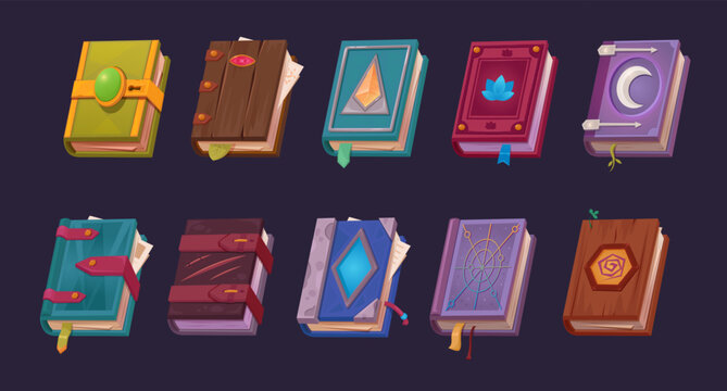magic books. fantasy potion mystery game asset cartoon concept, fairytale ancient mystic medieval books collection. vector cartoon items set.